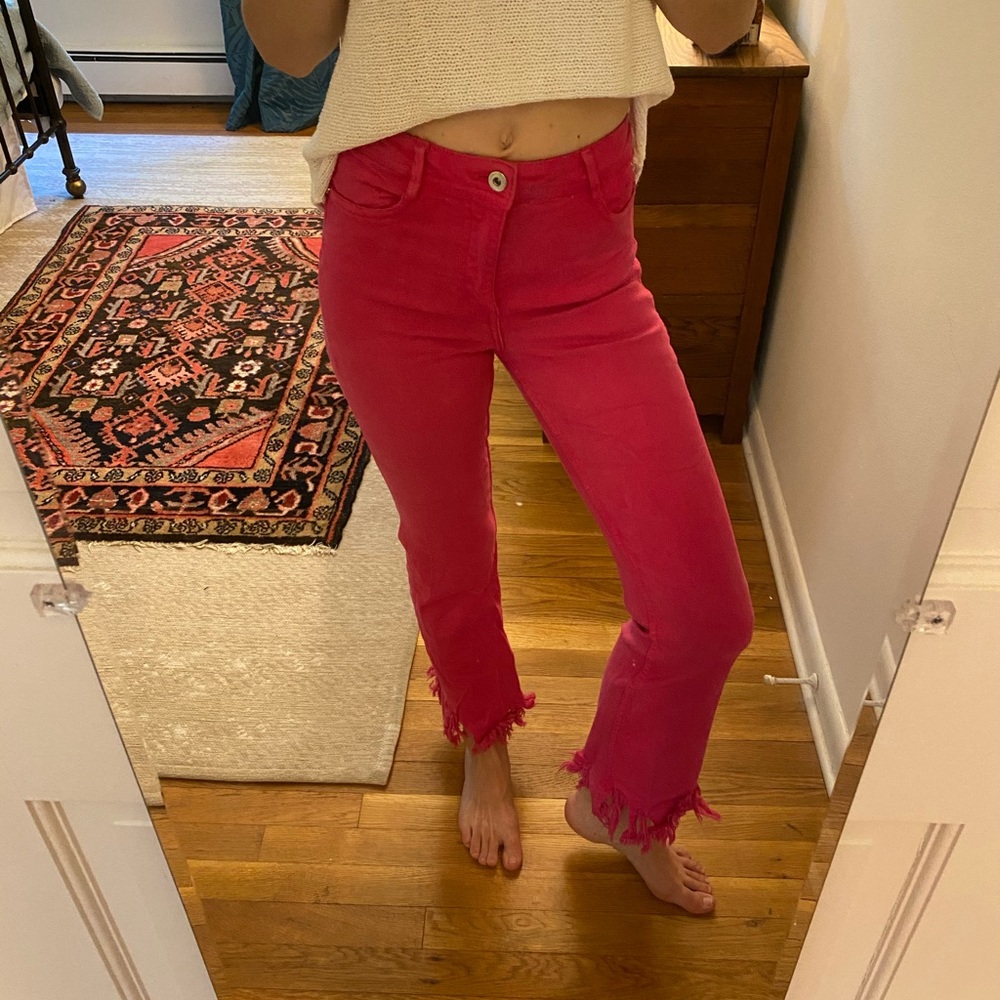 High waisted cut off pink stretch jeans